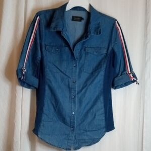 Cavalini Denim Button-Up Shirt with Striped Sleeves